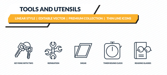 tools and utensils icons set - key ring with two keys, reparation, shear, timer round clock, reading glasses outline vector collection.