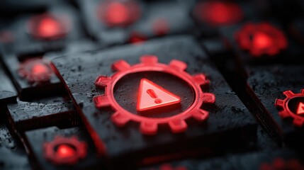 Close-up view of dark computer circuit board with bright red warning symbols showing alert notifications and active signals during digital communication