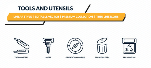 Fototapeta premium tools and utensils icons set - thermometers, auger, orientation compass, trash can open, recycling bin outline vector collection.