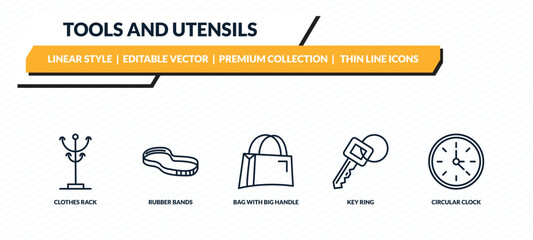 Fototapeta premium tools and utensils icons set - clothes rack, rubber bands, bag with big handle, key ring, circular clock outline vector collection.