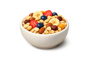 Swiss muesli delight with fresh fruits and nuts in a ceramic bowl for healthy breakfast concept