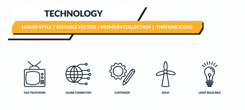 technology icons set - old television, globe connected circuit, customize, eolic, light bulb idea outline vector collection.