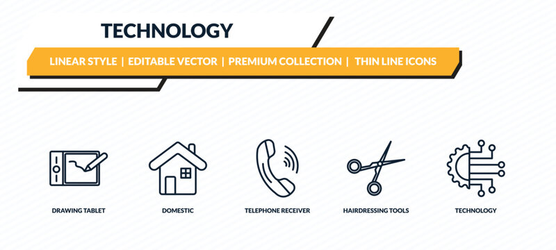 technology icons set - drawing tablet, domestic, telephone receiver, hairdressing tools, technology outline vector collection.
