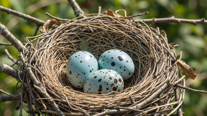 Obraz premium Bird nest with three blue speckled eggs on a tree branch. Wild nature background in spring. Wildlife reproduction concept
