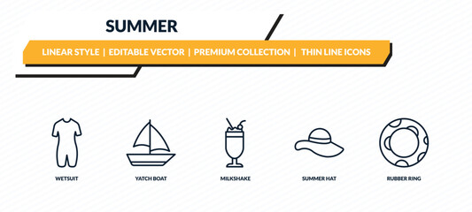 summer icons set - wetsuit, yatch boat, milkshake, summer hat, rubber ring outline vector collection.