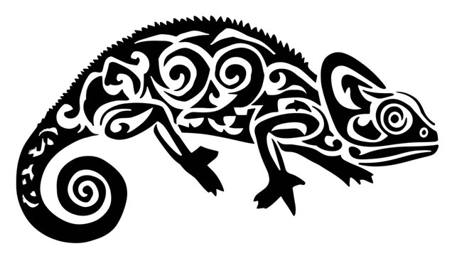 Black tribal chameleon vector illustration with intricate decorative patterns. Stylish reptile tattoo art design on a white background.