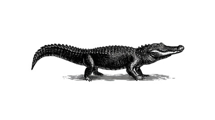Vintage Engraving Illustration of a Wild Alligator Reptile. Detailed Black and White Animal Graphic on White Background.