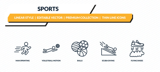 Naklejka premium sports icons set - man sprinting, volleyball motion, balls, scuba diving, flying shoes outline vector collection.