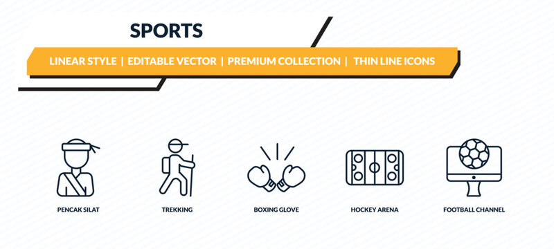sports icons set - pencak silat, trekking, boxing glove, hockey arena, football channel outline vector collection.