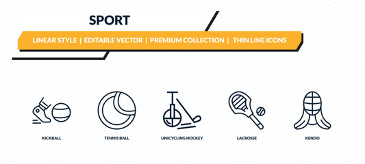 sport icons set - kickball, tennis ball, unicycling hockey, lacrosse, kendo outline vector collection. © IconArt