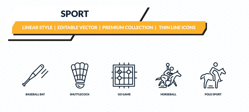 sport icons set - baseball bat, shuttlecock, go game, horseball, polo sport outline vector collection.