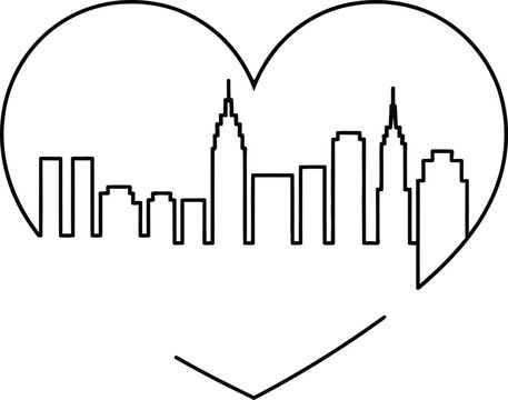 Abstract black and white city skyline inside a heart shape