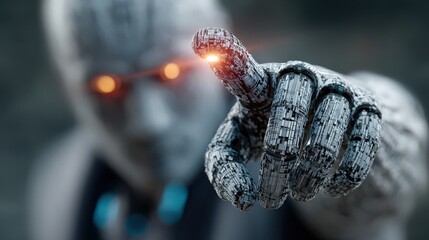 Business professional interacts with digital AI symbol in a modern office setting during the day