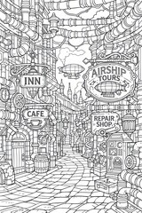 Intricate line drawing of a narrow steampunk street filled with pipes, shops, and an airship above, creating an immersive fantasy setting ideal for coloring or storytelling art.