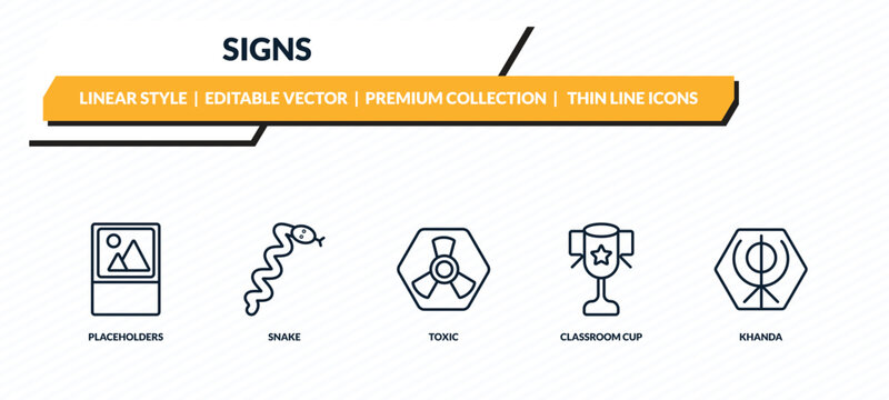 signs icons set - placeholders, snake, toxic, classroom cup, khanda outline vector collection.