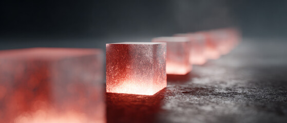 Glowing cube red light abstract geometry futuristic design minimal scene depth of field soft fog textured surface digital art sci fi mood gently conveys innovation and mystery in sleek visual
