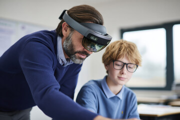 Augmented reality mixed reality classroom teacher student headset education learning technology tutoring. Augmented reality mixed reality classroom teacher student headset education learning