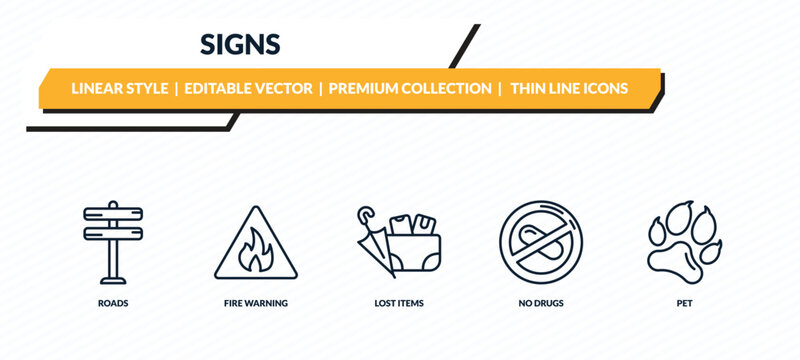 signs icons set - roads, fire warning, lost items, no drugs, pet outline vector collection.