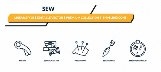 sew icons set - rotary, sewing clip art, pin cushion, seam ripper, embroidery hoop outline vector collection. © IconArt
