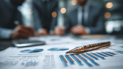 Business meeting discussing financial reports with charts and graphs on the table in an office setting during working hours