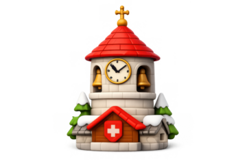 Swiss church bell tower illustration with snow and clock for holiday design