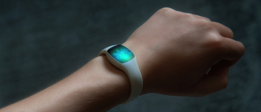Smartwatch wearable wristband health fitness tracker biometric pulse heart monitor, Smartwatch wearable wristband health fitness tracker biometric pulse heart monitor glows softly wrist with