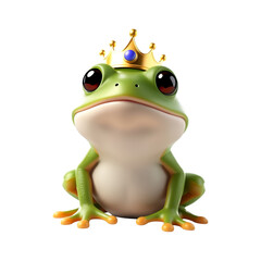 A green frog wearing a gold crown with a blue gemstone on transparent background