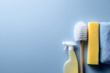 cleaning tools product supplies layout isolated on blue background with copy space