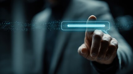 Business professional interacts with digital AI symbol in a modern office setting during the day