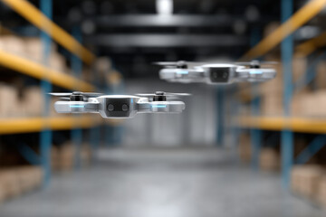 Autonomous drone warehouse logistics inventory technology futuristic indoor aisle shelves robotics automation supply delivery storage retail distribution industrial cargo package shipment