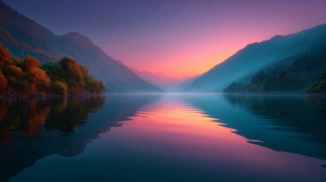 A breathtaking scene of a calm lake surrounded by mountains during sunset, with a beautiful reflection of the sky on the water's surface. The color gradient creates a sense of serenity. - Powered by Adobe