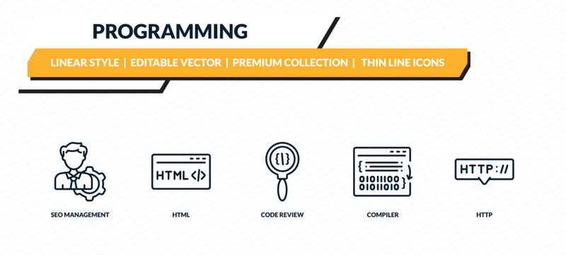 programming icons set - seo management, html, code review, compiler, http outline vector collection.