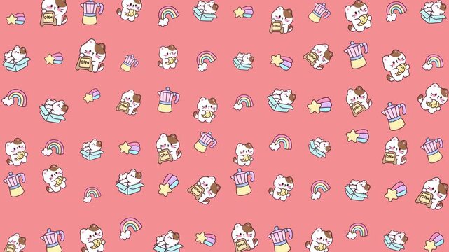 Many cute cartoon cats, rainbows, and sweet food scattered randomly for childrens book illustrations or playful graphic designs.