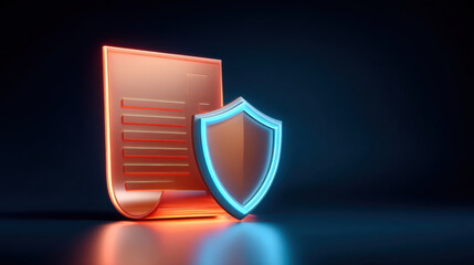 Safe digital data security shield protects glowing document file