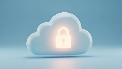 Cloud computing security concept with 3D cloud and glowing padlock on blue background