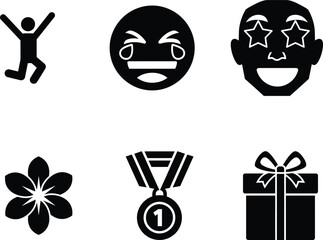 black icons of person jumping flower gift medal faces