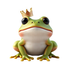 A green cartoon frog wearing a gold crown on transparent background