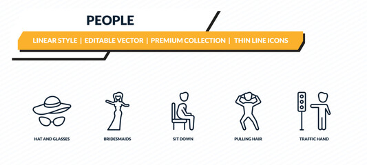people icons set - hat and glasses, bridesmaids, sit down, pulling hair, traffic hand outline vector collection.