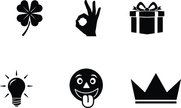 Black icons on white background including clover hand gift lightbulb smiley face crown