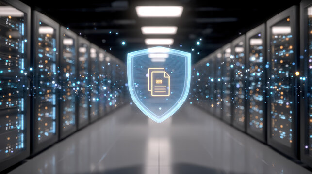 Strong digital data security shield protecting confidential information in server room - Powered by Adobe