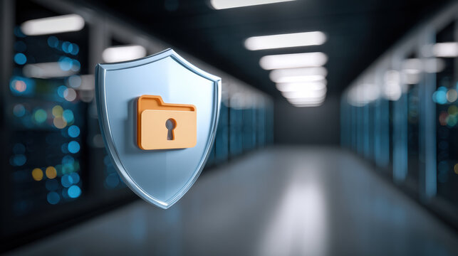 Confident digital data security shield protecting folder in server room - Powered by Adobe