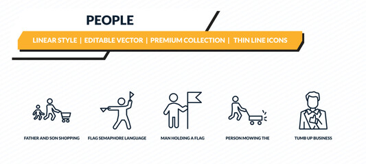 people icons set - father and son shopping, flag semaphore language, man holding a flag, person mowing the grass, tumb up business man outline vector collection. © IconArt