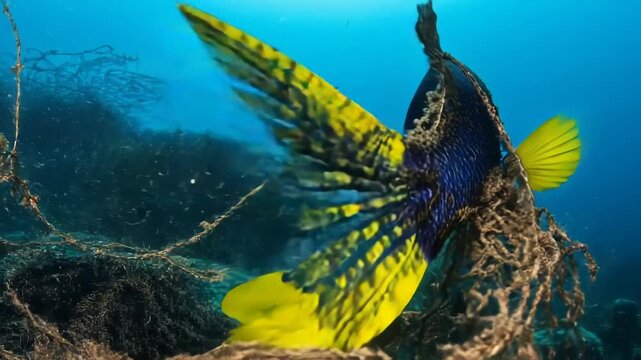 A vibrant fish with yellow fins swims underwater. It is entangled in marine debris, highlighting ocean pollution.