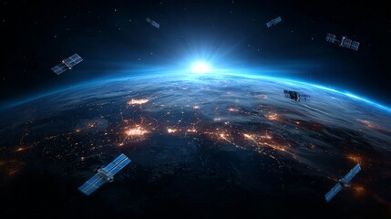 Earth from space, satellite constellation above a sunrise. Satellites orbiting planet with dawn, representing global communication