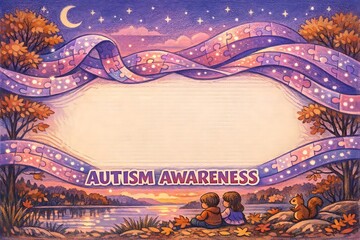 Autism awareness night scene with puzzle ribbon border over lake sunset setting