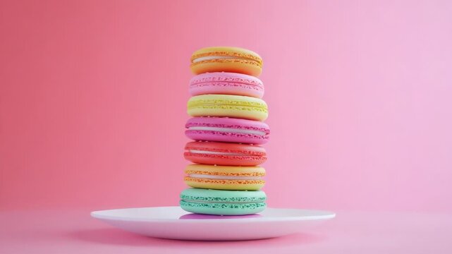 A vibrant stack of colorful macarons sits on a white plate. This sweet dessert offers a delightful and cheerful visual treat.