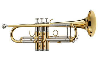 Obraz premium Professional polished yellow brass trumpet with silver accents, macro focused on the valve cluster, isolated on a transparent background. Concept of precision engineering and classical