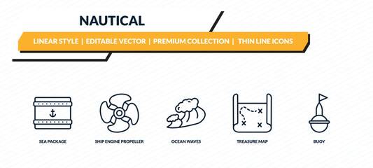 nautical icons set - sea package, ship engine propeller, ocean waves, treasure map, buoy outline vector collection. © IconArt
