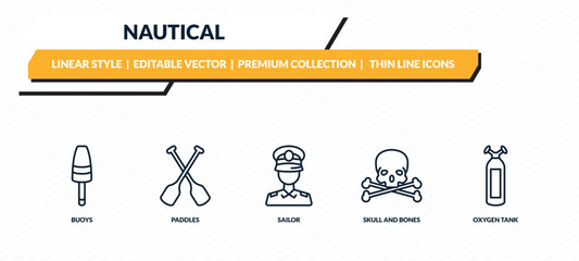 nautical icons set - buoys, paddles, sailor, skull and bones, oxygen tank outline vector collection. © IconArt