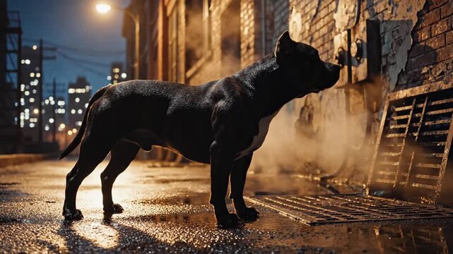Bold black pit bull standing alert in wet urban alley at night near steam and brick wall